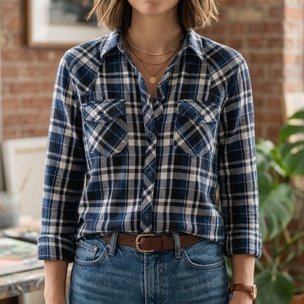 Rails Hunter Blue White Plaid Flannel Button Down Shirt Women Small Pockets